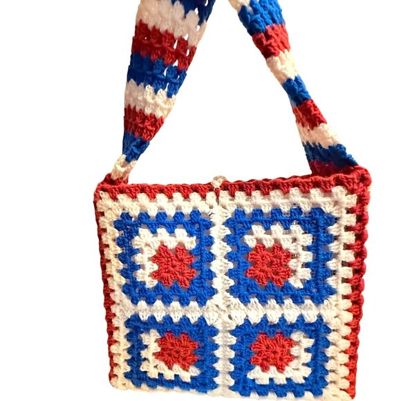 Granny Square Crochet Tote Retro Hippie Style Book Bag Red White Blue School Col - Picture 1 of 16